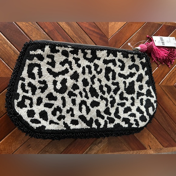Anthropologie Black & White Beaded Leopard Clutch with Pink Tassel - Picture 11 of 13